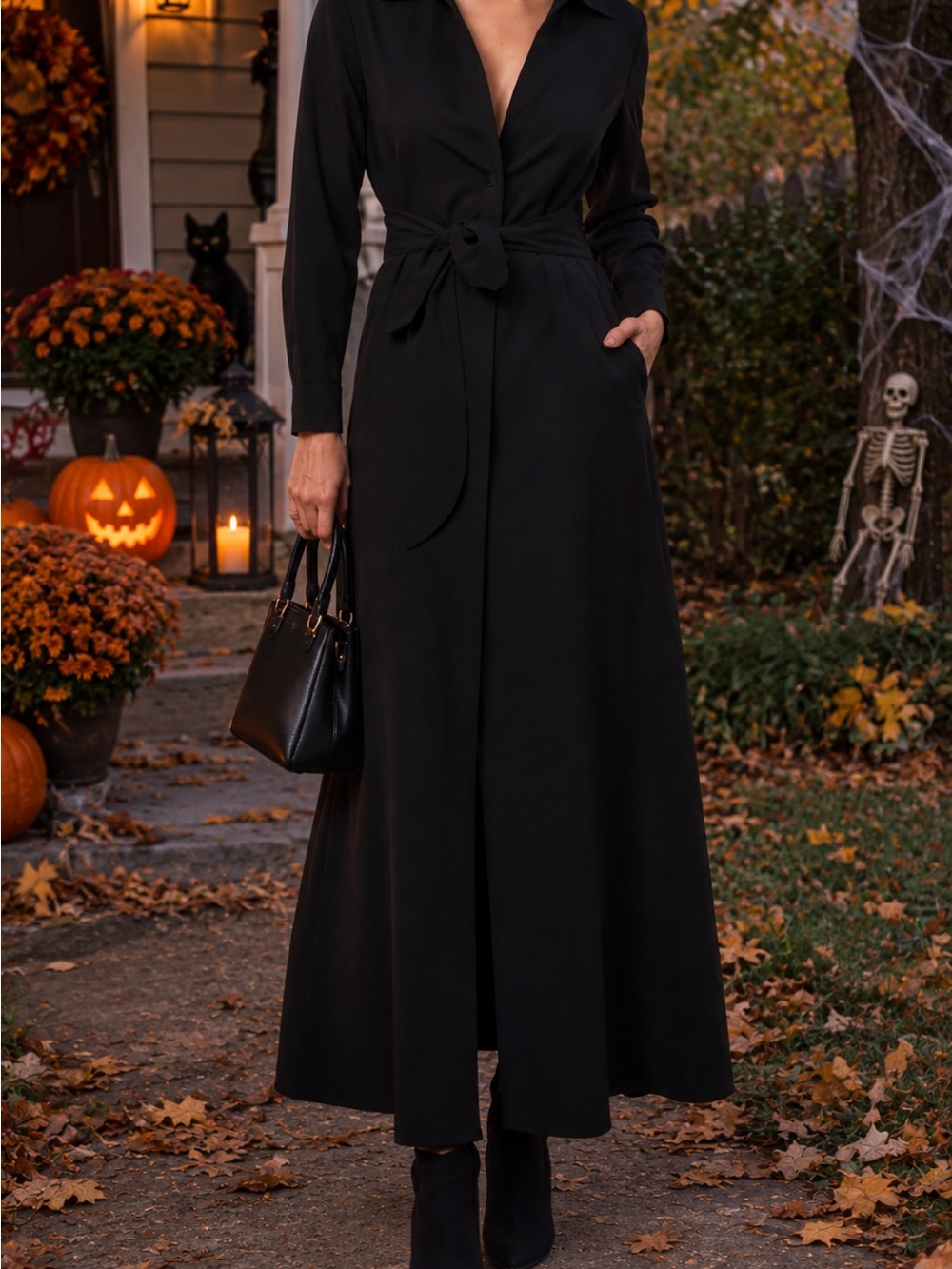 Classic Black Long-Sleeve Shirt Dress with Waist Tie